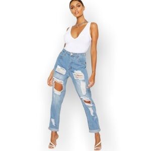 Boohoo NWT Sophie High Waist Distressed Jeans Women Light Wash Ripped Straight 2